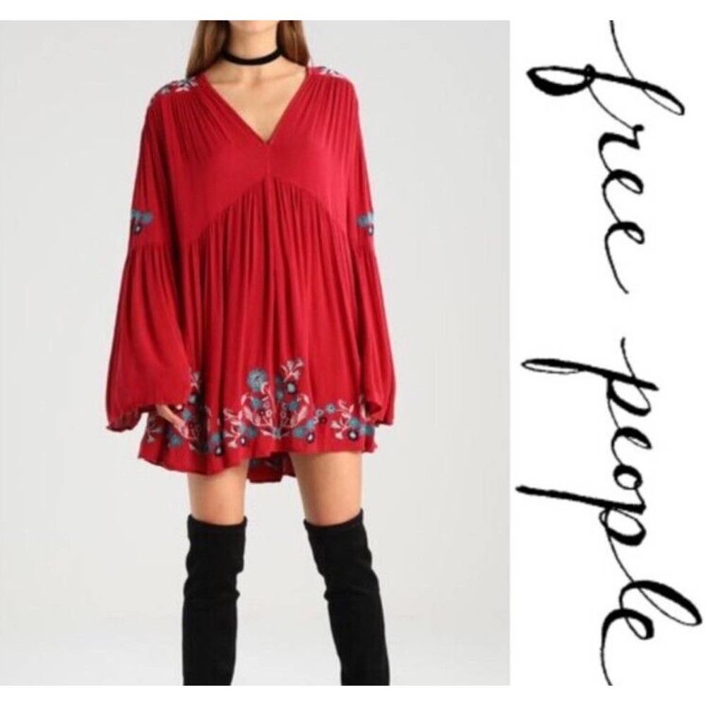 Free People  Dress Red Embroidered
